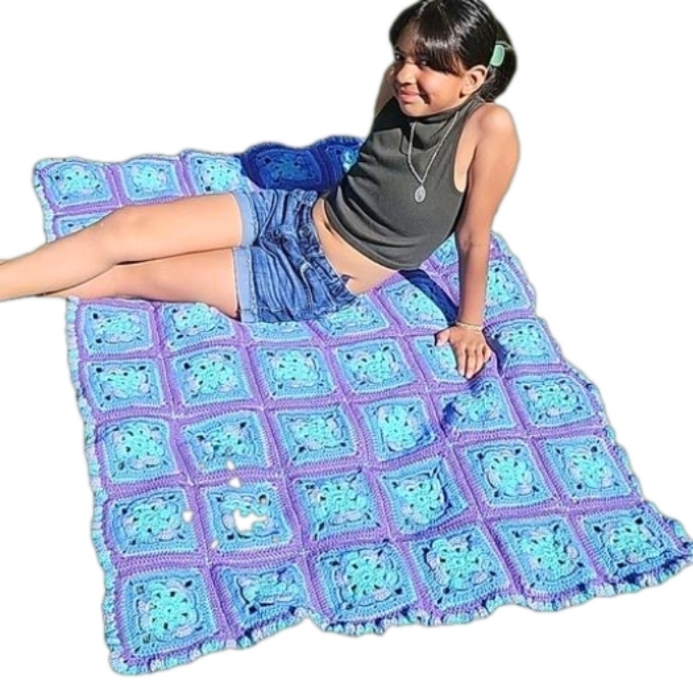 Hand Crafted Purple Blue Aqua Crochet Blanket Granny Square Throw